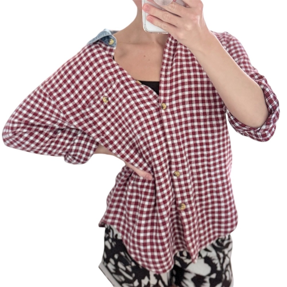 Vintage Red Gingham Waffle Texture Button Down Shirt Denim Collar Cotton Nepal M - Picture 2 of 10